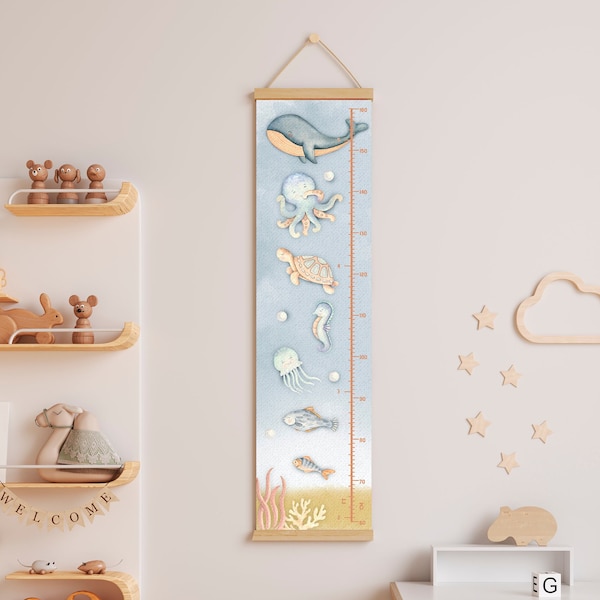 Ocean Sea Life Height Chart for Kids - Blue Watercolor Whale Fish Decor Playroom - Canvas Growth Chart Baby Boy Girl Unisex Bedroom Nursery