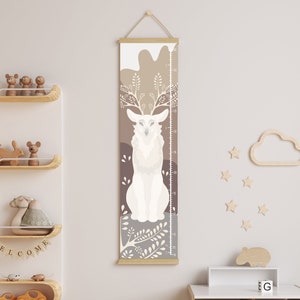 Height Growth Chart Roe Deer Rook Forest Woodland Storybook Fairy Tale Boho Kids Canvas Unisex Nursery Boy Girl Room cm inches