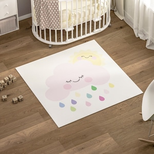 Carpet Rainbow Rain Drops Clouds Nursery Little Girl Boy Unisex Room 100%  Cotton Natural Fabric Kids Non Slip Square Rug Playroom Bedroom