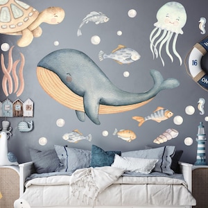 Under the sea Wall Decal Watercolor Whale Octopus Turtle  - Ocean Sticker for Boy Nursery - Nursery Wall Decals Sea Themed