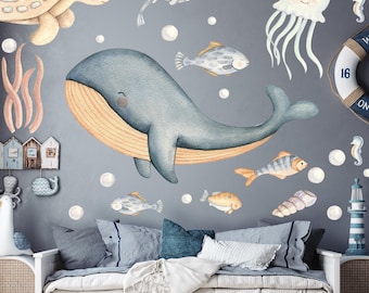 Under the sea Wall Decal Watercolor Whale Octopus Turtle  - Ocean Sticker for Boy Nursery - Nursery Wall Decals Sea Themed