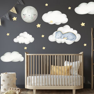 Dinosaur Wall Decal Kids, Baby Boy Nursery Decor, Sleeping Dragon on Clouds Wall Decals Nursery, Watercolor Clouds and Moon Toddler Sticker