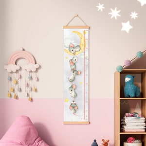 Cuadro de altura para niños, lienzo con acuarela, diseño de ratón y luna, regla con marco, decoración unisex para guardería de bebés y niños, regalo para baby shower