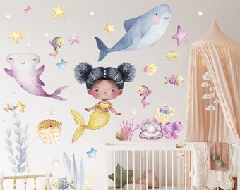 Decals Baby Mermaid and Undersea Animals for Kids Room, Wall Stickers Mermaid Good Sharks Pearl Watercolor Pastel for Toddler Playroom