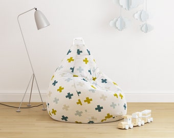 Bean Bag Chair Pouf Cover for  Kids Nursery Room Playroom Bedroom Neutral White Green Blue Cross Geometric Pattern / Teen Boy  Decor