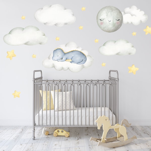 Dinosaur Wall Decal Kids, Baby Boy Nursery Decor, Sleeping Dragon on Clouds Wall Decals Nursery, Watercolor Clouds and Moon Toddler Sticker