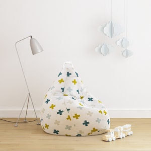 Bean Bag Chair Pouf Cover for  Kids Nursery Room Playroom Bedroom Neutral White Green Blue Cross Geometric Pattern / Teen Boy  Decor