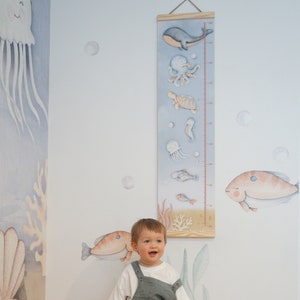 Undersea Growth Chart for Nautical Boy Room, Pastel Handdrawn Ocean themed Height Ruler Pregnancy Gift with a Bag for Boy Baby Shower