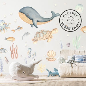 Watercolor Ocean Animals Wall Decal Kids - Nautical Wall Sticker Children Room - Playroom Marine Decoration - Underwater Life Decal Boy Girl