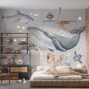 Vinilo decorativo de pared con temática marina: ballena, tiburón y tortuga, decoración para guardería, pegatinas de pared educativas con temática marina para niños, decoración de pared con animales marinos, decoración de ballenas.