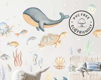 Watercolor Ocean Animals Wall Decal Kids - Nautical Wall Sticker Children Room - Playroom Marine Decoration - Underwater Life Decal Boy Girl