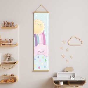 Regenbogen Messlatte für Kinder, Leinwand Messlatte Lineal Unisex Kinderzimmer Sonne Wolken Wandbehang Dekor Kleinkind Zimmer Geburtstag Baby Shower Geschenk