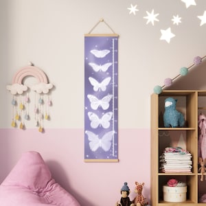Schmetterling Messlatte für Baby Mädchen Leinwand Messlatte Kinderzimmer Lila Wandbehang Dekor Spielzimmer Kleinkind Zimmer Geburtstag Baby Shower Geschenk