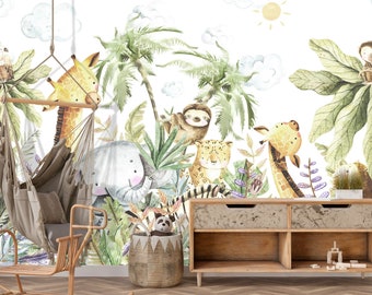 Wallpaper Safari Animals Playroom, African Peel Stick Watercolor Jungle Wall Mural Nursery, Unique Tropical Wall Mural Baby Girl Boy