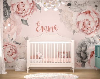 Personalized Peony Wallpaper Baby Girl Nursery Custom Name Wall Mural Peel and Stick Toddler Bedroom Fabric Wallpaper with Peonies Flower
