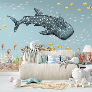 Whale Shark Fish Coral Ocean Wall Decal for Sea Themed Kids Room, Watercolor Shark Seaweed Seahorse School of Fish, Under the Sea Decals