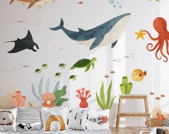 Vinilos decorativos con temática marina para la habitación del bebé, pegatinas de pared con motivos oceánicos: ballena, tiburón, tortuga, pez globo, manta raya.