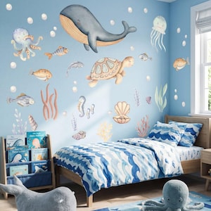 Ocean Nursery Wall Decals, Under the Sea Removable Wall Stickers for Babu Room Decor, Whale Wall Decal Watercolor