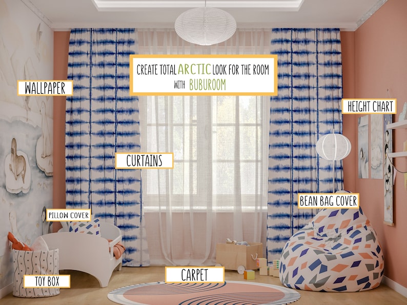 May include: A child's room decorated in an arctic theme with blue and white tie-dye curtains, a white bean bag chair with a geometric pattern, a white crib with a blue and white patterned pillow, a toy box, and a round rug with a pink and blue pattern. The text "CREATE TOTAL ARCTIC LOOK FOR THE ROOM WITH BUBUROOM" is displayed in the center of the image.