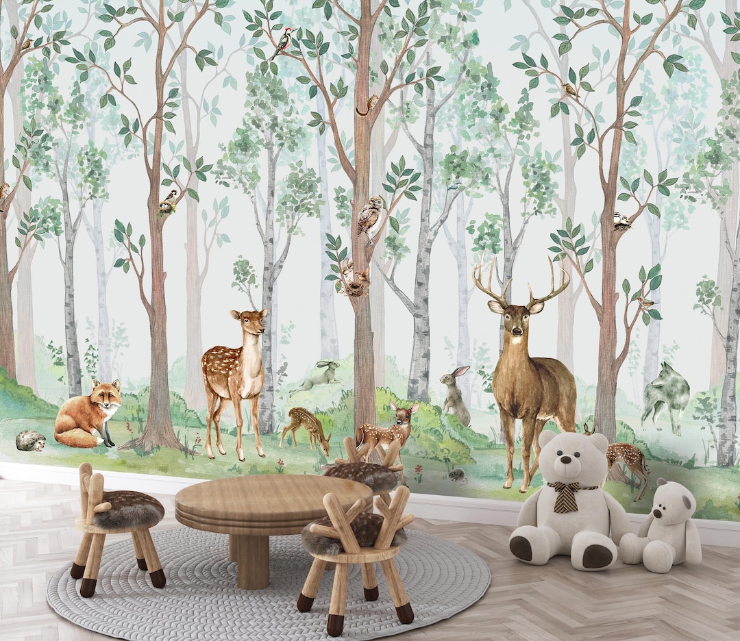 Woodland Nursery Wallpaper Mural, Kids Forest Tree Wallpaper Peel and ...