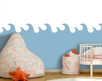 Cenefa adhesiva de pared con olas del océano, cenefa de papel pintado náutico para habitación infantil, panel adhesivo de media pared para decoración de habitación infantil o sala de juegos