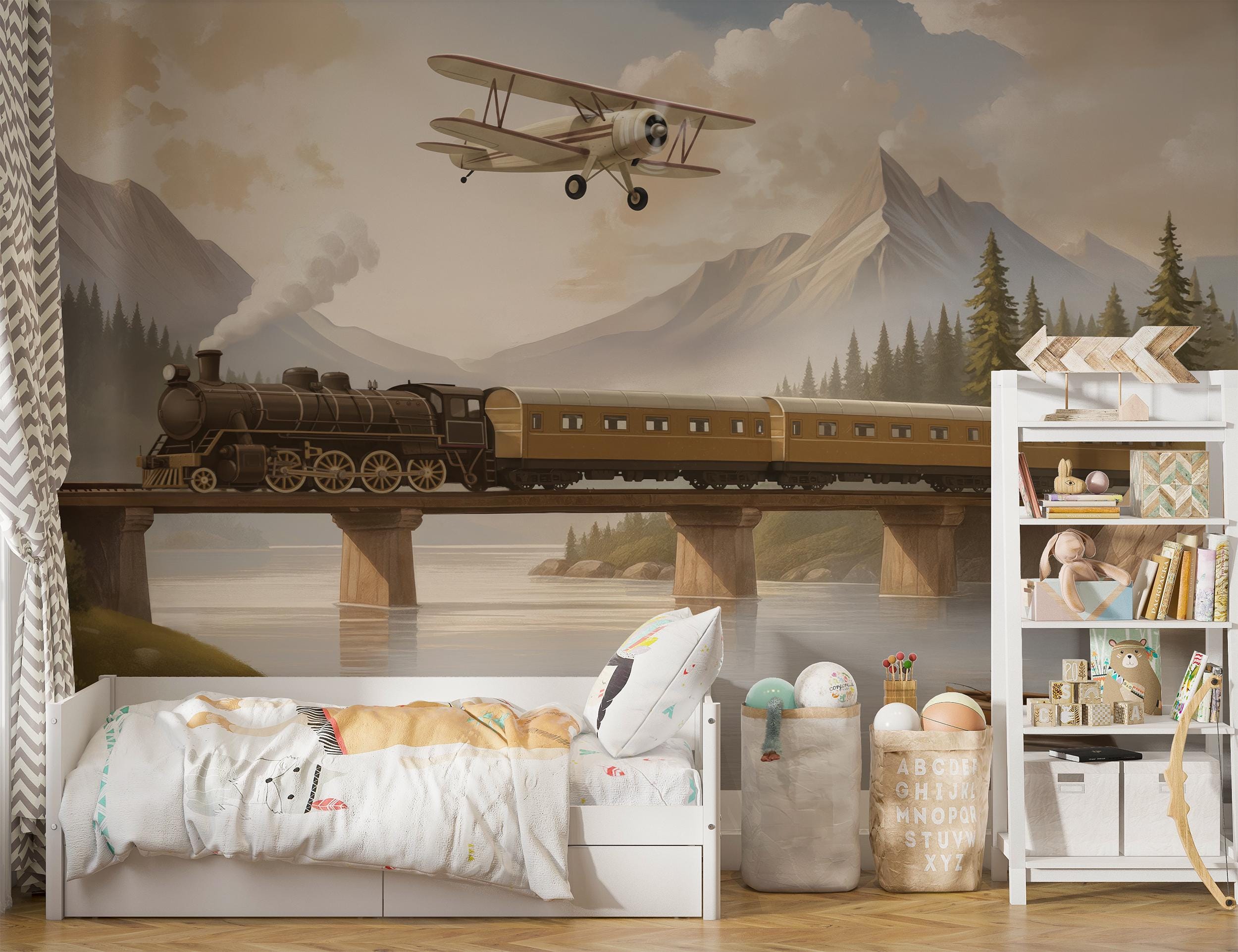 Airplane Nursery Wallpaper With Train, Vintage Nursery Wallpaper ...