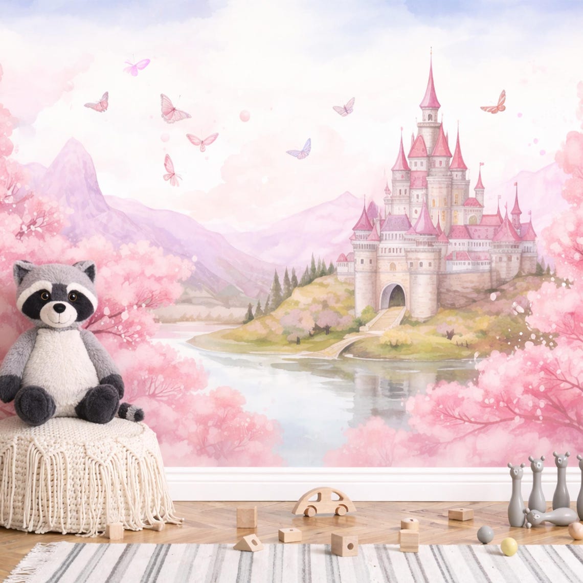 Princess Castle Wallpaper Mural for Baby Girl Nursery, Pink Fairy Tale ...