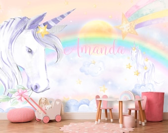Personalized Unicorn Wallpaper Baby Girl Nursery Custom Name Wall Mural Peel and Stick Toddler Bedroom Fabric Wallpaper with Rainbow Sun