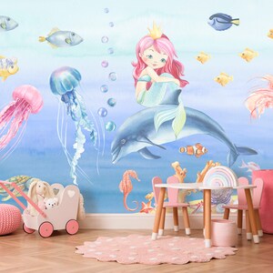 Mermaid Wallpaper, Peel and Stick Wallpaper Ocean, Watercolor Nursery Wall Mural, Nautical Themed Girls Bedroom, Toddler Playroom Decor