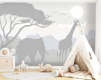 Tropical Neutral Wallpaper Boy Girl Playroom, African Animals Grey Beige Nursery, Jungle Unisex Wall Mural, Safari Milky Toddler Wallpaper