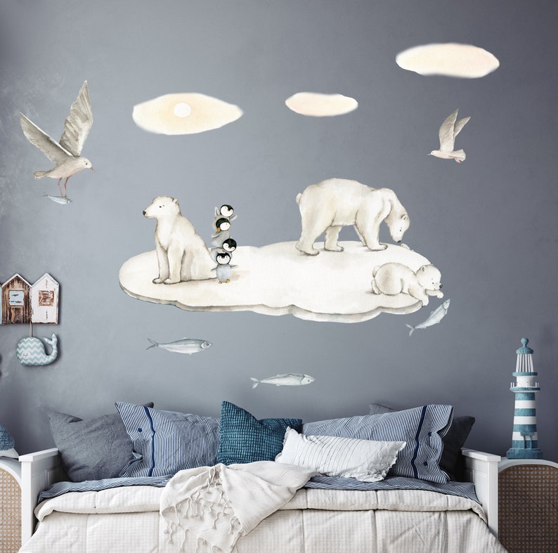 May include: A watercolor illustration of a polar bear family on an ice floe. The polar bears are white with black noses and eyes. There are three penguins standing on the ice floe. The background is a light blue color.