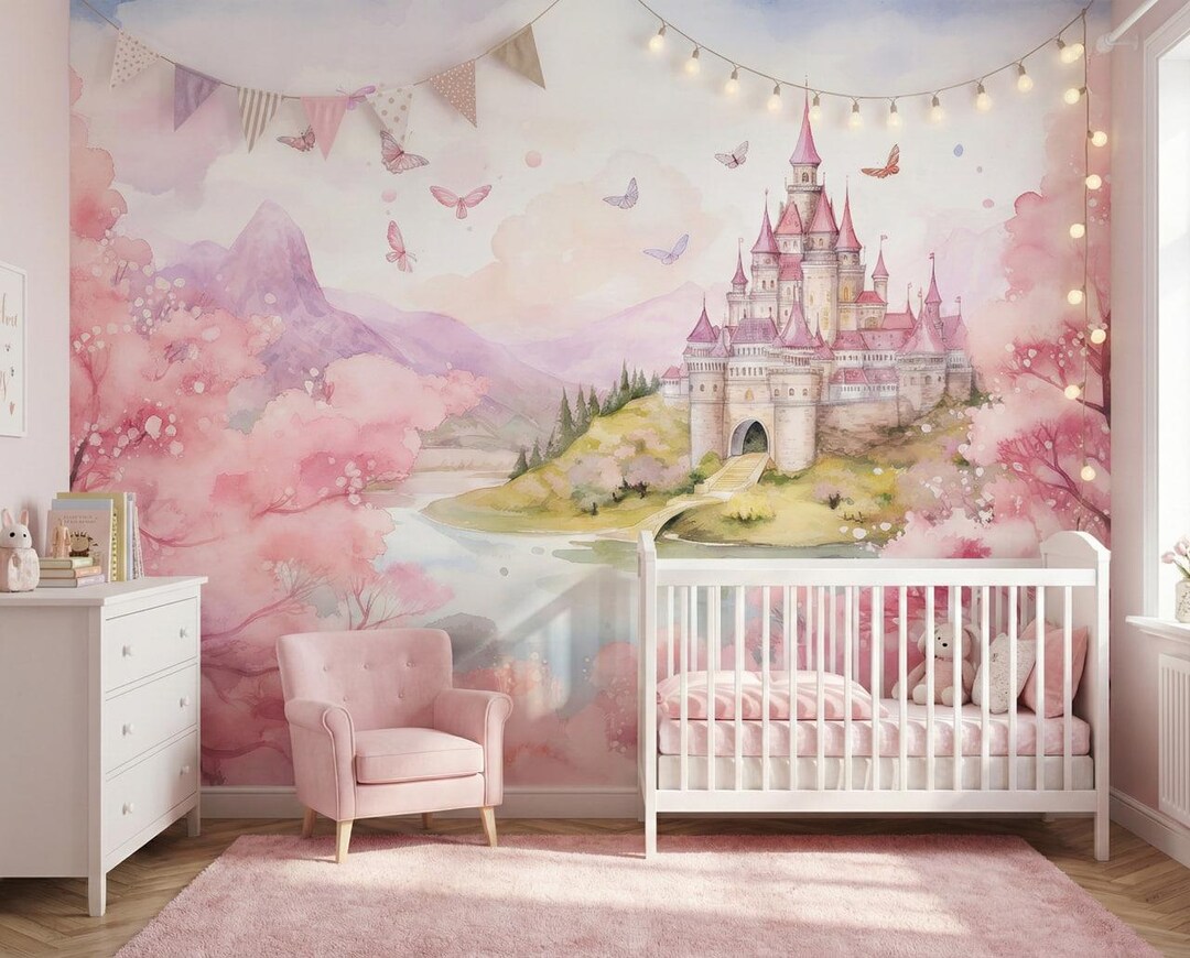 Princess Castle Wallpaper Mural for Baby Girl Nursery, Pink Fairy Tale ...