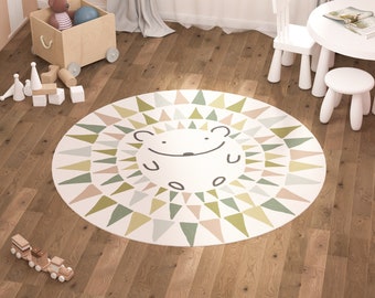 Rug Hedgehog Forest Woodland Animals Baby Toddler Girl Boy Unisex Room Cotton Natural Fabric Kids Room Non Slip Round Carpet Playroom