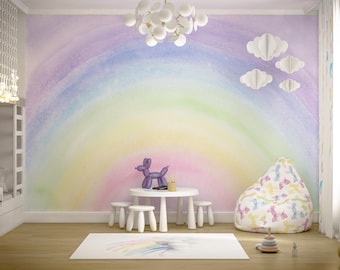Nursery Rainbow Wallpaper Peel and Stick Watercolor Mural, Pastel Rainbow Mural Wallpaper for Baby Girl Nursery Decor
