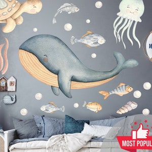 Watercolor Ocean Animals Wallpaper Kids - Nautical Wallpaper Peel and Stick Nursery - Baby Boy Room Wallpaper  - Underwater Under the Sea Wild Life Wall Mural Whale Turtle Octopus Seahorse Jellyfish Fish Coral Blue Coastal