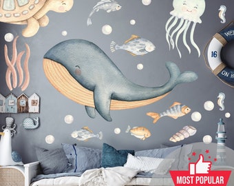 Under the sea Watercolor Wall Decal Whale Octopus Turtle  - Coastal Nautical Wall Sticker for Nursery - Underwater Life Decor Boy Girl