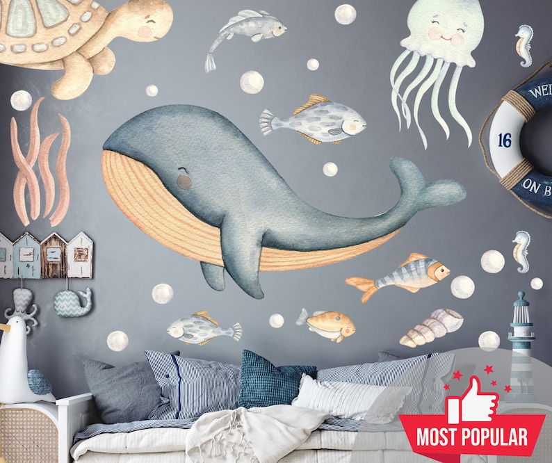 Watercolor Ocean Animals Wallpaper Kids - Nautical Wallpaper Peel and Stick Nursery - Baby Boy Room Wallpaper  - Underwater Under the Sea Wild Life Wall Mural Whale Turtle Octopus Seahorse Jellyfish Fish Coral Blue Coastal