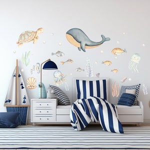 Wall Decals Ocean Animals Stickers for Kids Room Boy Girl Nursery Nautical Coastal Under the Sea Deco, Ocean Wall Decals Peel and Stick