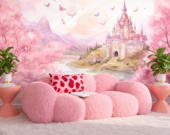 Castle Wallpaper Mural for Girl Room, Pink Princess Nursery Wallpaper, Fantasy Castle Wallpaper Kids Room Decor Fairy Tale Princess