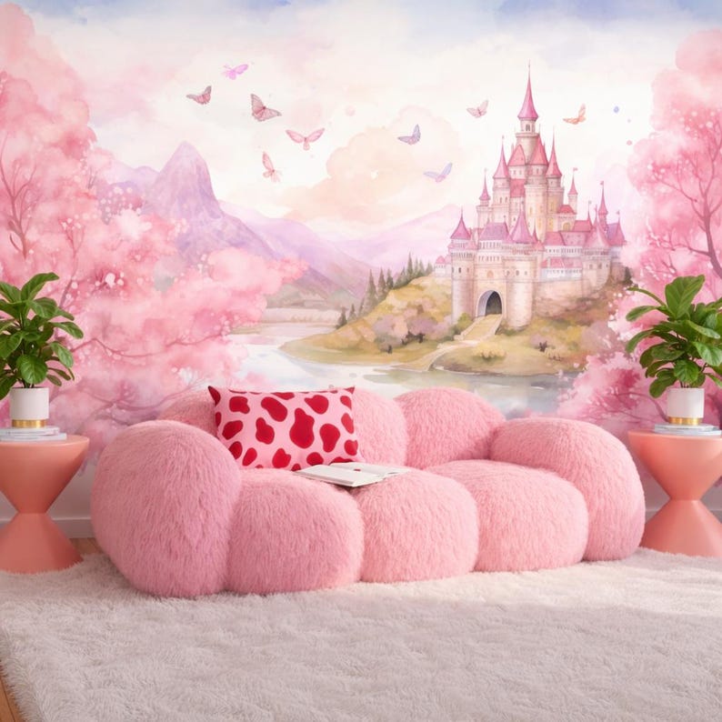 Princess Castle Wallpaper Mural for Baby Girl Nursery, Pink Fairy Tale ...