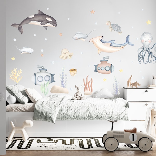 Large Decals Ocean Animals and Submarines Nautical Boy Room, Orca Shark Octopus Skate Turtle Watercolor Wall Stickers Pastel Blue Playroom