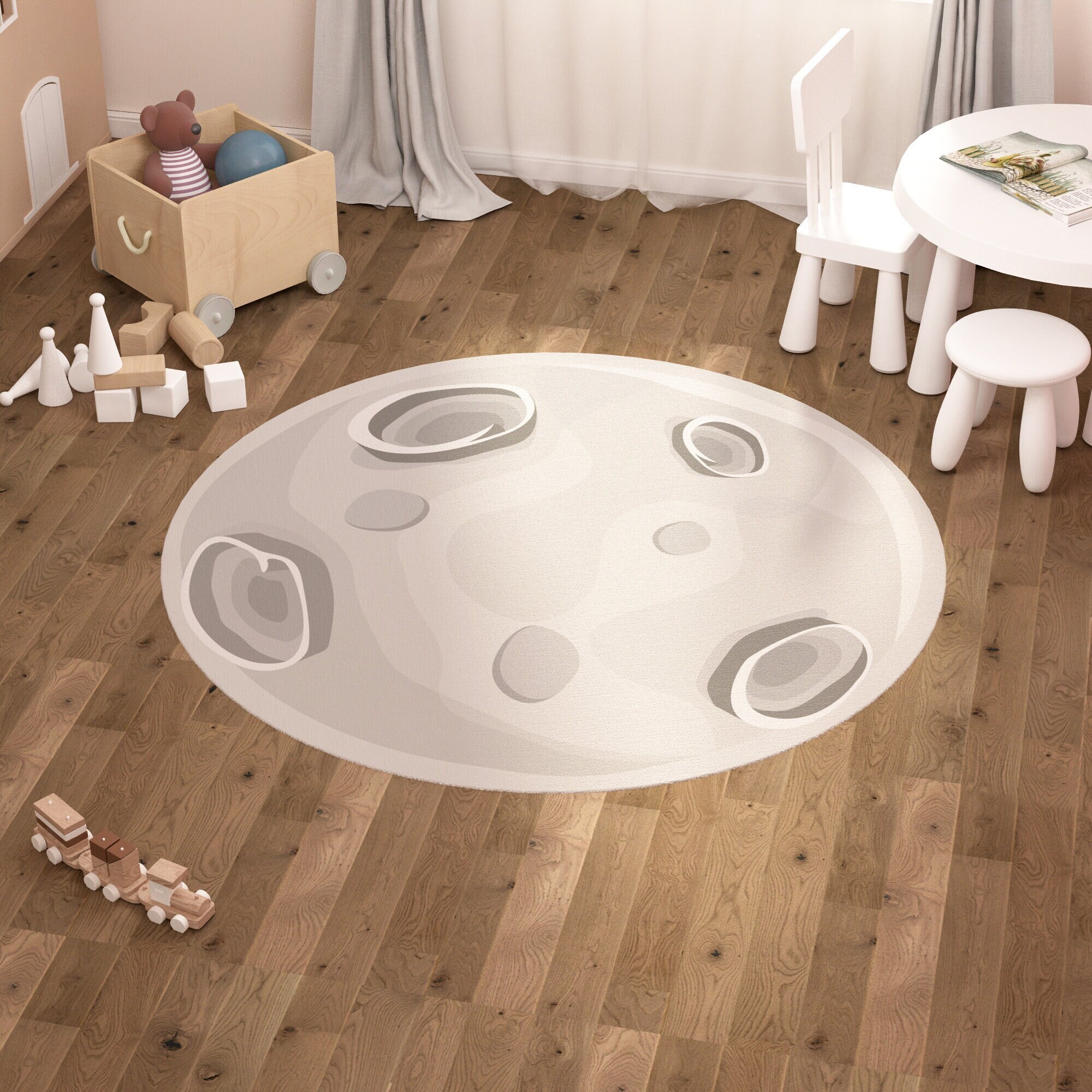 Rug Moon Gray Lunar Space Galaxy Cosmic Baby Little Girl Boy Unisex Room 100% Cotton Natural Fabric Kids Room Non Slip Round Carpet Playroom