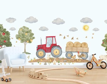 Sticker mural pour chambre d'enfant sur le thème de la ferme avec des tracteurs rouges et des animaux de la ferme, stickers muraux de ferme pour une décoration de chambre de bébé ou stickers muraux de salle de jeux