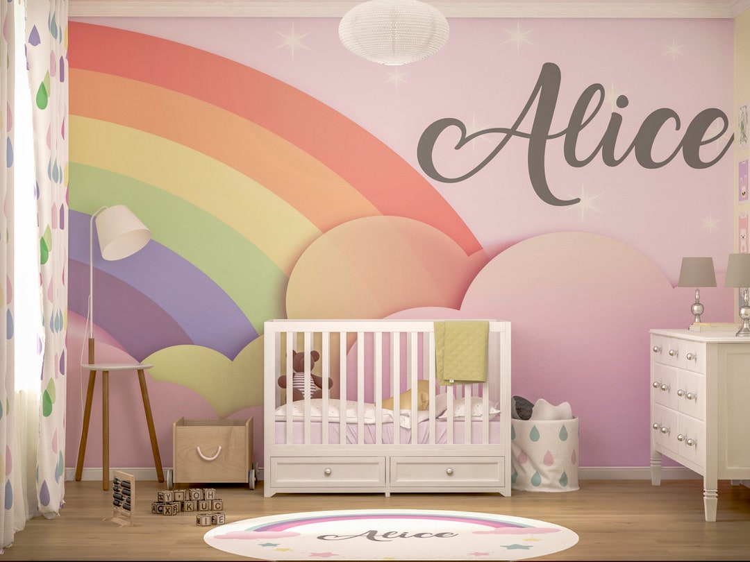 Personalized Rainbow Wallpaper Baby Girl Nursery Custom Name Etsy