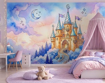 Fairytale Castle Wallpaper for Princess Girl's Nursery Decor, Princess Kids Wallpaper with Fantasy Castle, Girls Bedroom Wallpaper Mural