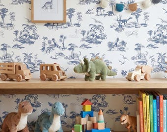 Toile Nursery Wallpaper, Dinosaur Kids Room Wallpaper Peel and Stick, Dinosaur Theme Boy Room Wallpaper, Dino Boy Nursery Vintage Style