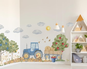 Farm nursery decor wall decal for boy nursery, tractor nursery decor wall stickers, farm theme nursery decal with tractor tress farm animal