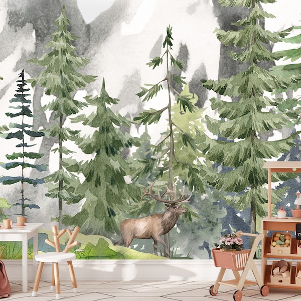 Wallpaper Forest for Kids Woodland Animals Watercolor for Baby Boy Girl Nursery Toddler Bedroom Room Peel Stick Mountain Watercolor Mural
