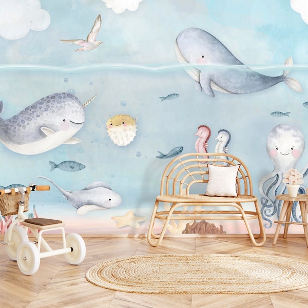 Wallpaper Underwater Life for Pastel Boy Bedroom, Sea Animals Watercolor Wall Mural Blue Playroom, Whale Narwal Wallpaper Ocean Kids Room