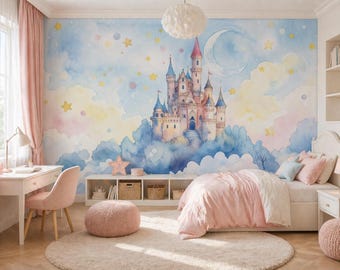 Girl Princess Wallpaper with Castle, Nursery Wallpaper Enchanted Fairy Castle Kids Room Decor with Dreamy Night Sky